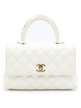 Chanel Coco Handle 2-Way Chain Handle Shoulder Bag White Caviar Leather Gold